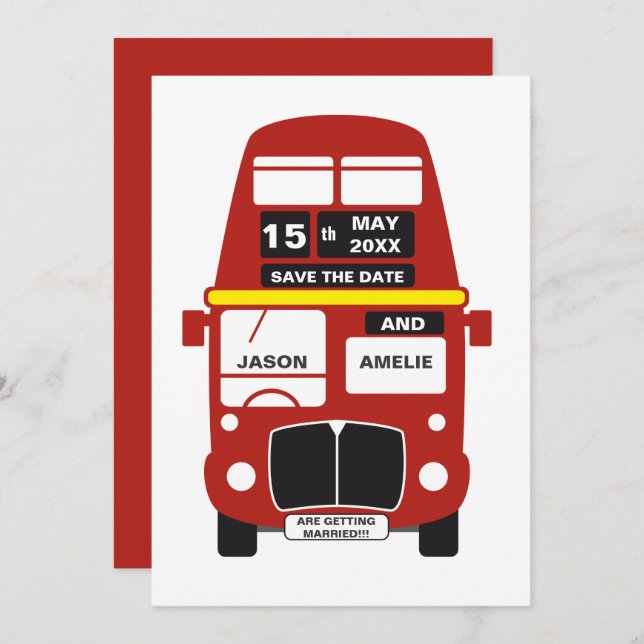 Tarjeta de Londres Bus Save the Date roja (Anverso / Reverso)