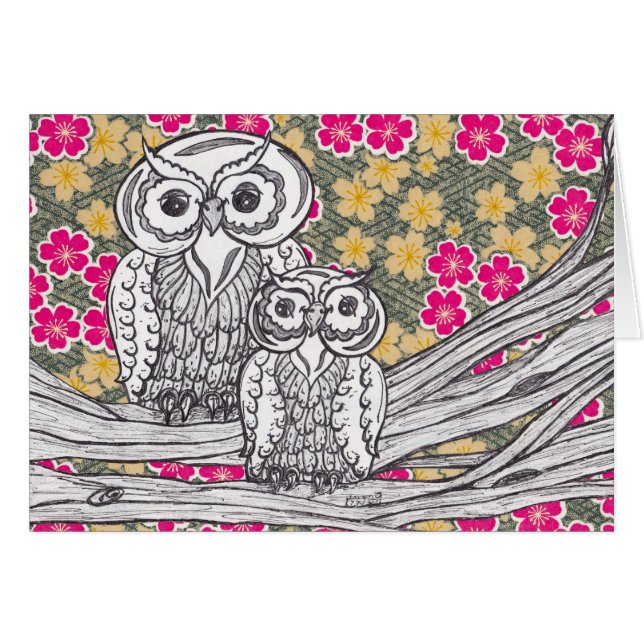 Tarjeta de los búhos 12 del papel chino (Anverso (Horizontal))