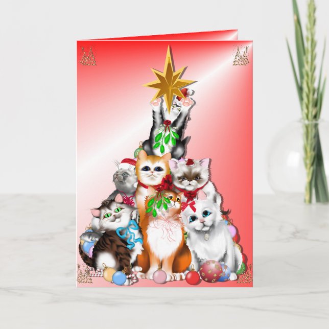 Tarjeta de los gatitos del árbol de navidad (Anverso)