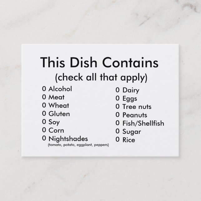 Tarjeta de los ingredientes de la suerte del pote (Anverso)