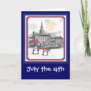 Tarjeta de los pingüinos del 4 de julio