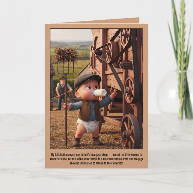 Tarjeta de los primeros pasos del bebé con humor o (Anverso)