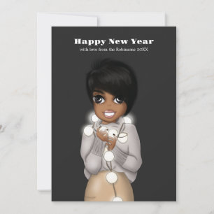 Tarjeta de luces de Navidad de mujer afroamericana