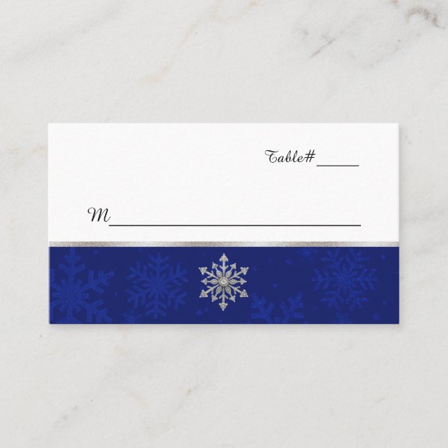 Tarjeta de lugar Boda con copo de nieve azul moda (Anverso)