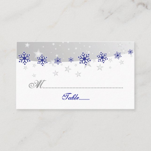 Tarjeta de lugar boda de copo de nieve azul, gris  (Anverso)