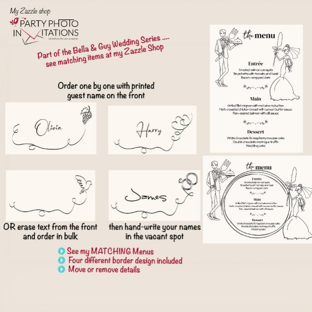 tarjeta de lugar boda dibujada a mano (Bella & Guy hand drawn series menu place cards)