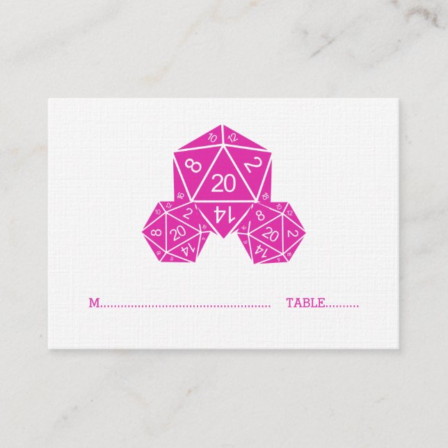 Tarjeta de lugar Boda rosada D20 dados (Anverso)