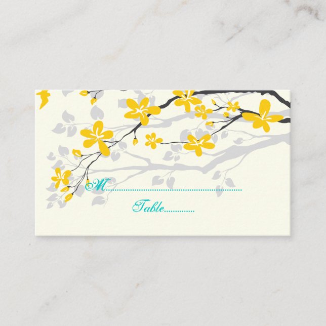 Tarjeta de lugar color turquesa amarillo boda flor (Anverso)