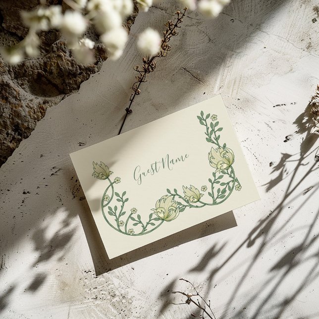 Tarjeta de lugar de bienvenida con estilo Art Nouv (Art nouveau cream "guest name" place card with pretty white flowers and green leaves)