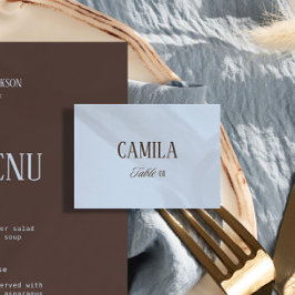 Tarjeta de lugar de boda azul y marrón DIY