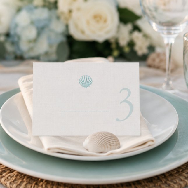 Tarjeta de lugar de boda con conchas marinas coste (Modern Coastal Seashell Wedding Place Card with number)
