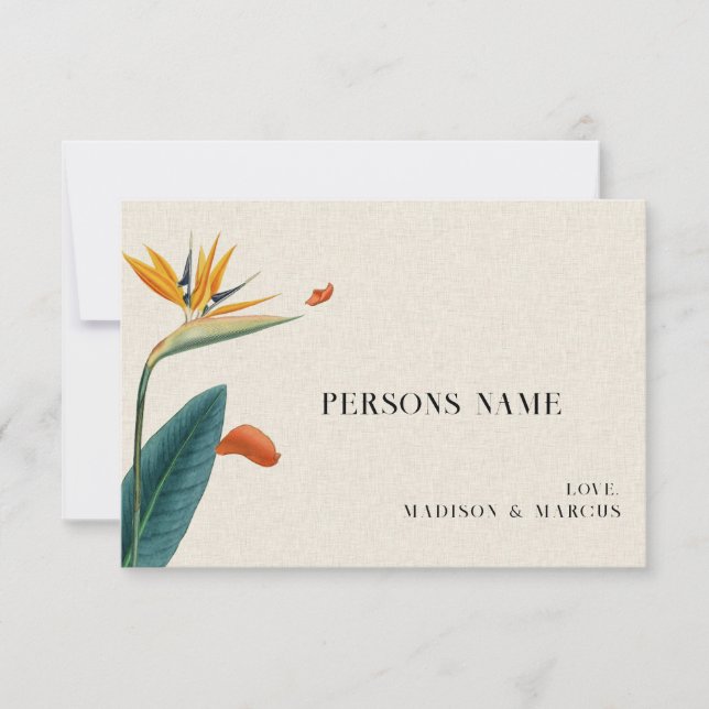 Tarjeta de lugar de boda con flores tropicales ele (Anverso)