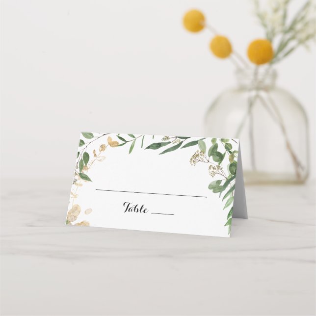 Tarjeta de lugar de boda con follaje verde dorado  (Anverso)