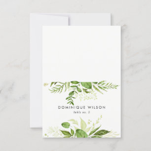 Tarjeta de lugar de boda con follaje verde silvest