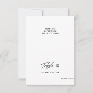 Tarjeta de lugar de boda con mesa, nombre y elecci