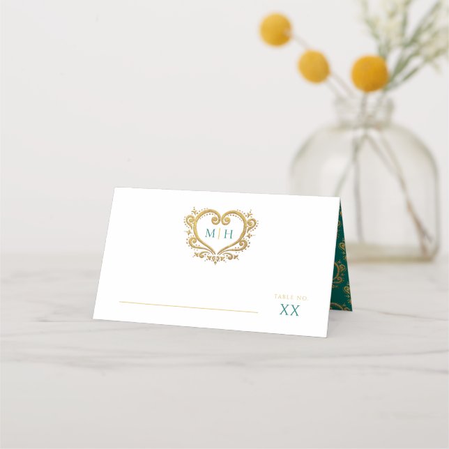 Tarjeta de lugar de boda con monograma de corazón  (Anverso)