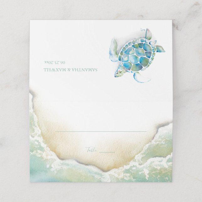 Tarjeta de lugar de Boda costero Watercolor Beach (Exterior desplegado)