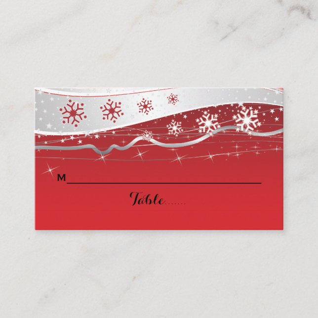 Tarjeta de lugar de boda de copo de nieve roja y g (Anverso)