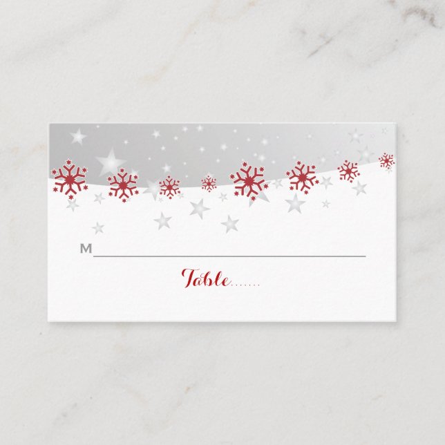 Tarjeta de lugar de boda de copo de nieve roja y g (Anverso)