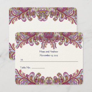 Tarjeta de lugar de boda de damasco verde y frambu