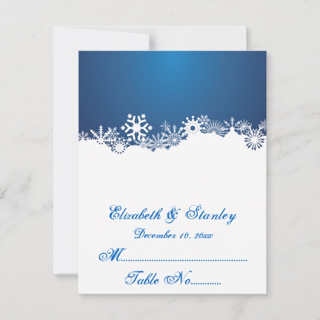 Tarjeta de lugar de boda de invierno azul copo de  (Anverso)