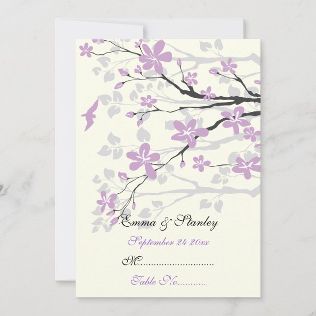 Tarjeta de lugar de boda de magnolia con flores pú (Anverso)