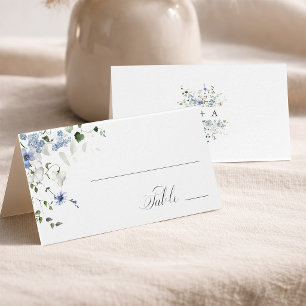 Tarjeta de lugar de boda floral azul blanco verde 