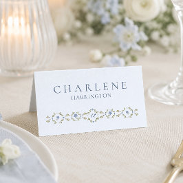 Tarjeta de lugar de boda floral azul polvoriento