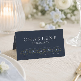 Tarjeta de lugar de boda floral azul polvoriento
