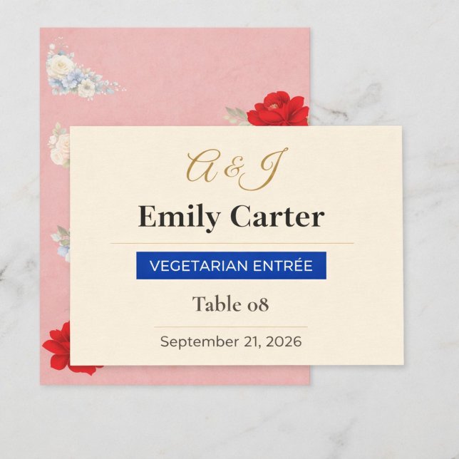 Tarjeta de lugar de boda floral de lujo (Elegant Floral Wedding Place Card — Personalized seating design for luxury celebrations)