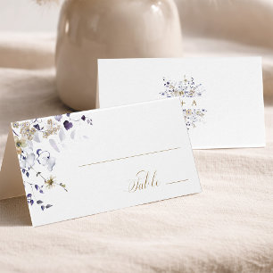 Tarjeta de lugar de boda floral de oro blanco púrp