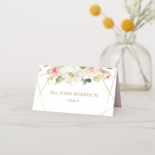 Tarjeta de lugar de boda floral de oro geométrico  (Anverso)