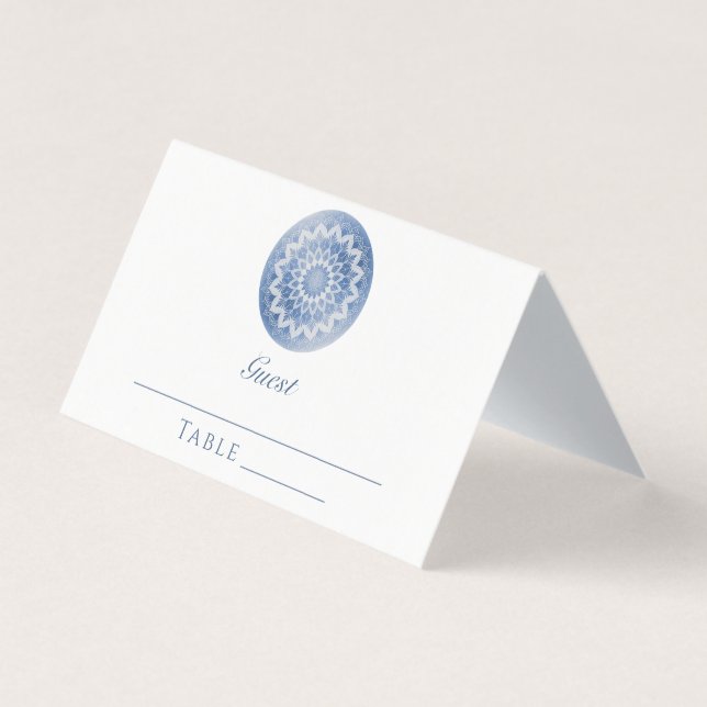 Tarjeta de lugar de boda Mandala de encaje azul (Anverso)