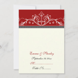 Tarjeta de lugar de boda ornamental roja y blanca