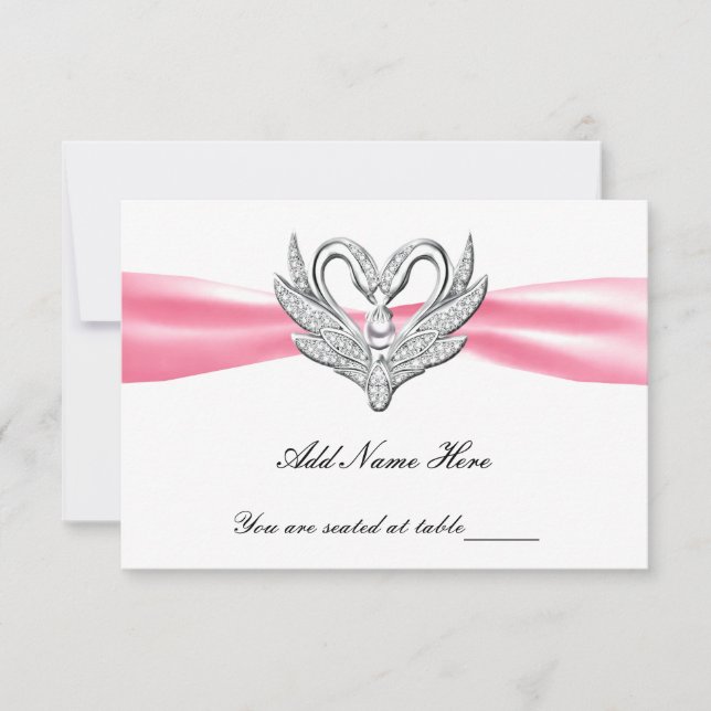 Tarjeta de lugar de cisnes de plata con cinta rosa (Anverso)