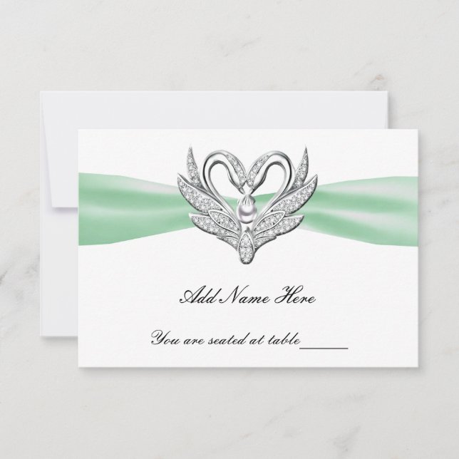 Tarjeta de lugar de cisnes de plata con cinta verd (Anverso)