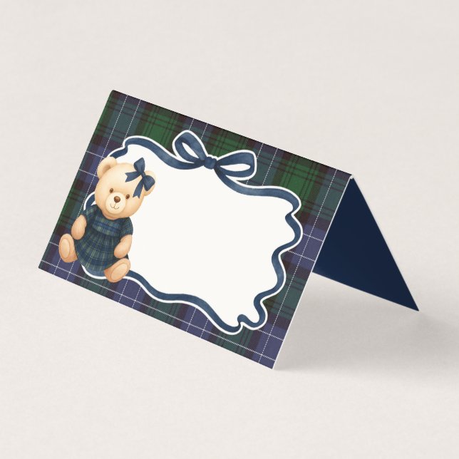Tarjeta de lugar de cuadros escoceses de oso con l (Anverso)