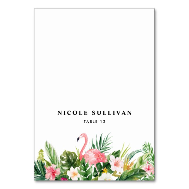 Tarjeta de lugar de flores tropicales y flamenco a (Anverso)