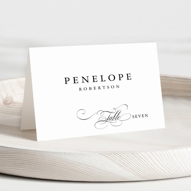 Tarjeta de lugar de invitado de caligrafía moderna (Modern minimalist black and white calligraphy wedding guest name place card)