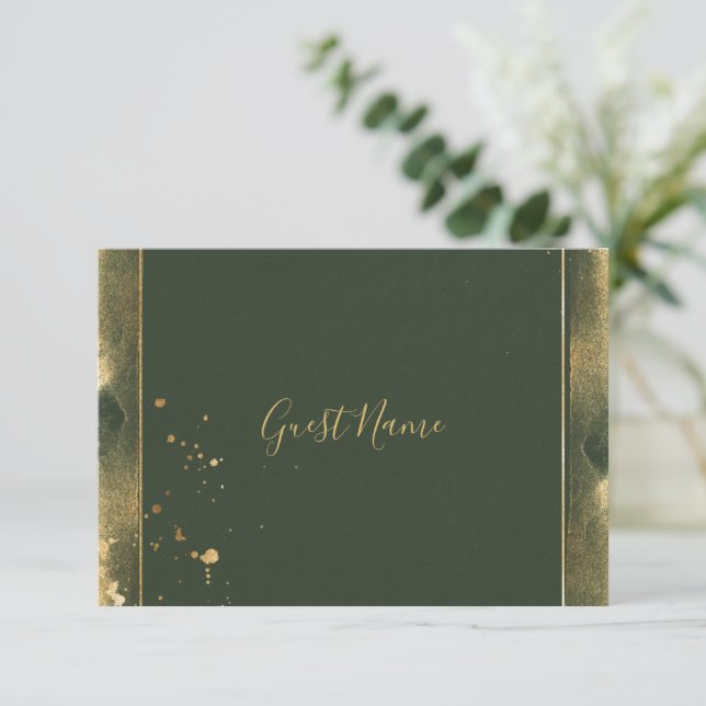 Tarjeta de lugar de invitado verde y dorado (Anverso de pie)