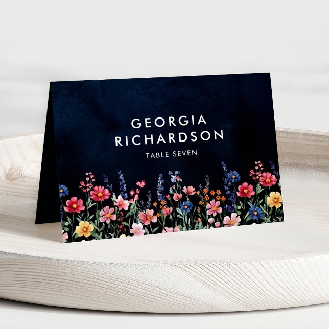 Tarjeta de lugar de invitado Wildflower Rustic (Wildflower Navy vibrant wedding guest name place card)