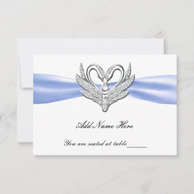 Tarjeta de lugar de mesa Cisnes de plata con cinta (Anverso)