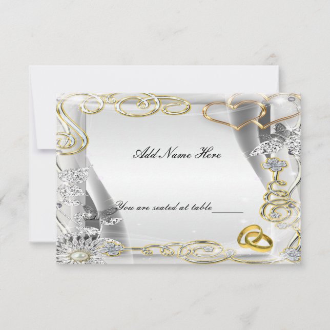 Tarjeta de lugar de mesa con anillos de boda de or (Anverso)