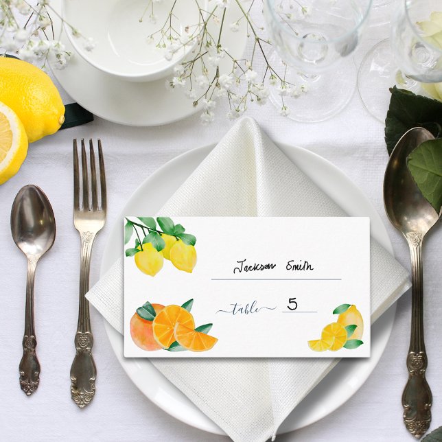 Tarjeta de lugar de mesa de citrus limón y Boda Na (Lemons and oranges citrus wedding budget place name cards)