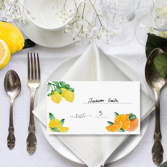 Tarjeta de lugar de mesa de citrus limón y Boda Na (Lemons and oranges citrus wedding budget place name cards)