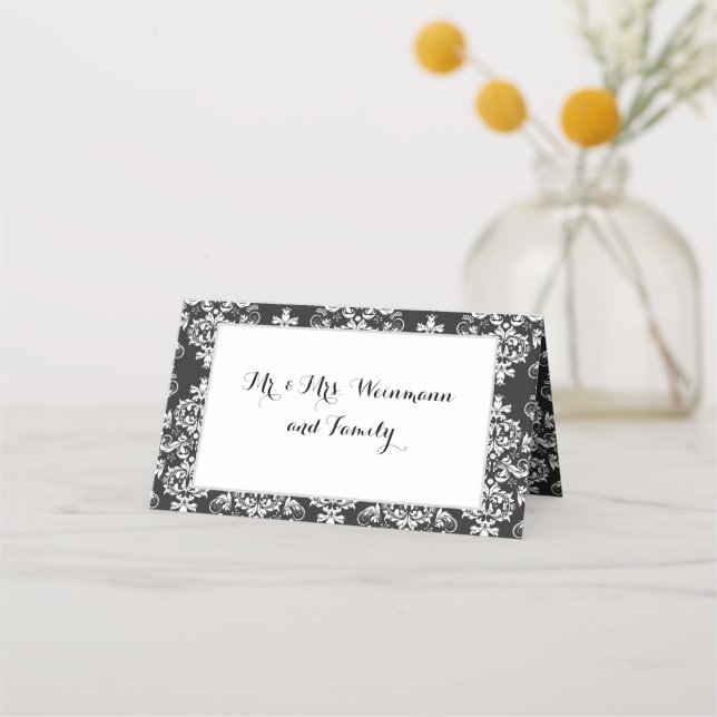 Tarjeta de lugar de mesa de damasco blanco y negro (Anverso)