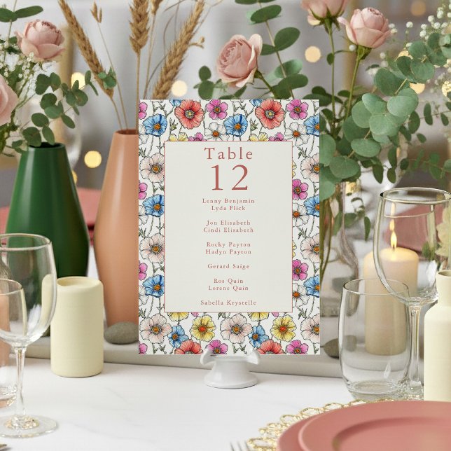 Tarjeta de lugar de mesa de flores silvestres de o (Bright and colorful wildflowers wedding reception table number name chart card.)