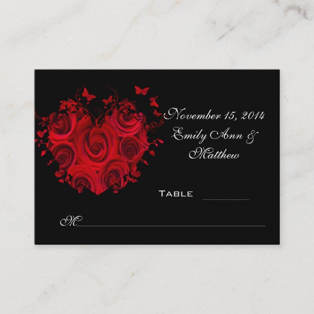 Tarjeta de lugar de mesa de mariposas de rosas de  (Anverso)