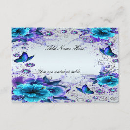 Tarjeta de lugar de mesa floral azul y mariposa