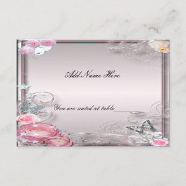 Tarjeta de lugar de mesa floral rosa y mariposa